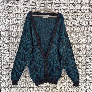 Vintage 80s LeTigre XL Tall Man Grandpacore Teal Black Chevron Aztec Cardigan